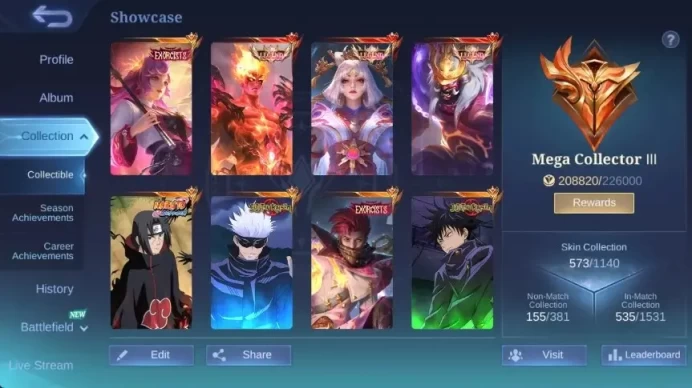 Global|Skin 573|Mega|Legend 3(Lunox),EXORCIST Kagura+Granger,KOF 4(Paquito),Itachi Julian,JJK Xavier|Recall Epic|CheckSS ML2858B