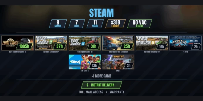 【9 Games✨$316】 Farming Simulator 22, Euro Truck Simulator 2, Farming Simulator 17, American Truck Simulator, Farming Simulator 19, F1 2018
