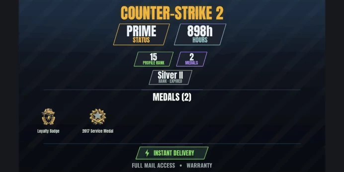 【1 Game】【CS2 Prime Premier⭐898h✨2 MEDALS✨15 LVL】 2017 Service Medal, Loyalty Badge