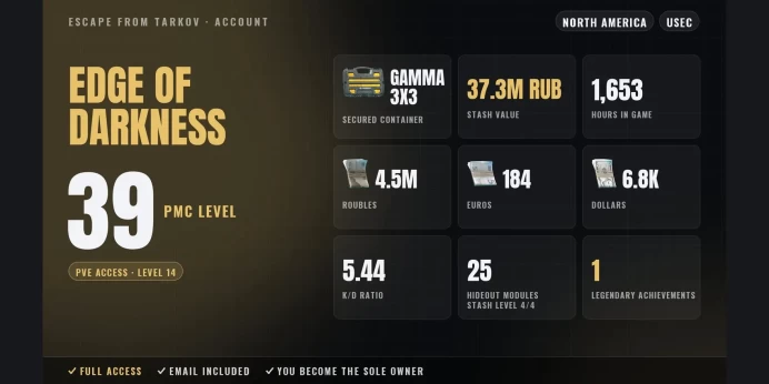EOD | NA ✨ LVL 39 ✅ Gamma 3x3 ⚡ PvE LVL 14 ⭐ 1 Legendary Achievement ✨ 1653h ✅ Stash 37.3M RUB ⚡ 4.5M RUB + 184 EUR + 6.8K USD ⭐ Full Access