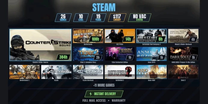 【26 Games✨$117】【CS2 PRIME】 Borderlands 2, Borderlands, Battlefield: Bad Company 2, Mount & Blade: Warband, Trine 2: Complete Story