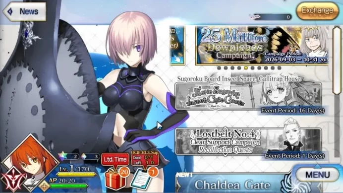 NA|Starter Fuyuki Lv 1|2 SSR Servant|Osakabehime,Oberon|Golden Apple 42|BirthDay Unset|Log Code|Check SS|FGO1009