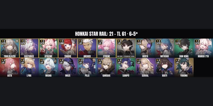 [ALL DEVICES] [Asia] TL 61 ✅ 21 Characters ⚡ 6 5-Star ⭐ Castorice ✨ Hyacine ✅ Tribbie ⚡ Archer ⭐ Dan Heng ✨ Permansor Terrae ✅ Cyrene ⚡ Natasha