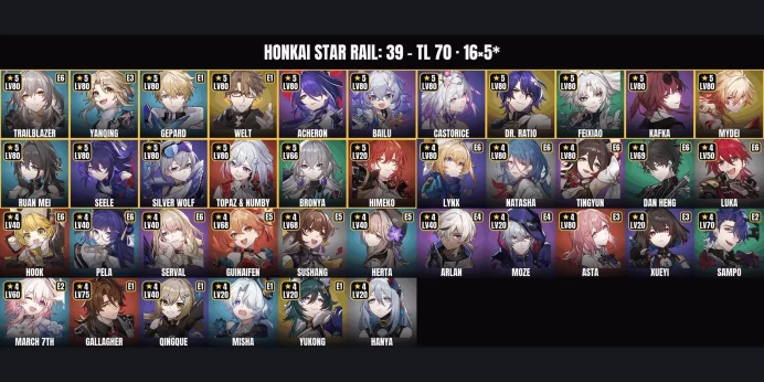 [ALL DEVICES] [Asia] TL 70 ✅ 39 Characters ⚡ 16 5-Star ⭐ Yanqing ✨ Gepard ✅ Welt ⚡ Castorice ⭐ Mydei ✨ Acheron ✅ Dr. Ratio ⚡ Ruan Mei ⭐ Feixiao