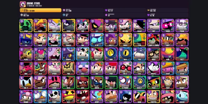 【Android/iOS】 77 BRAWLERS ✨ 15 MAXED ✨ 6 LEGENDARY ✅ 23687 TROPHIES ⚡ SPIKE ⭐ LEON ✨ CHESTER ✅ CROW ⚡ SANDY ⭐ SURGE ✨ EDGAR ✅ EMZ ⚡ SHADE ⭐ GIGI