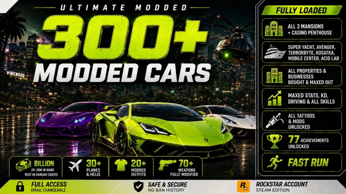 STEAM | Enhanced | 25 Billion Total | 300+ MODDED CARS | 30+ AIRCRAFT |  3 MANSIONS + PENTHOUSE | 1 BILLION KD | ALL UNLOCKS |  MAXED STATS 