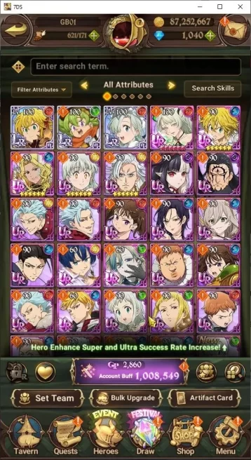 Global|1M Power|1000+Diamonds|Starter|3LR+6UR (Gawain,Lancelot,DK Meliodas,Thor,and etc)|Story Ch6|CodeOnly(SDS843Z)
