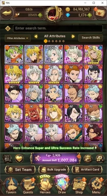 Global|1M Power|1100+ Diamonds|3LR+6UR(Gawain,EliMeli,Lancelot,Thor)|Story CH6|CodeOnly(SDS845Z)