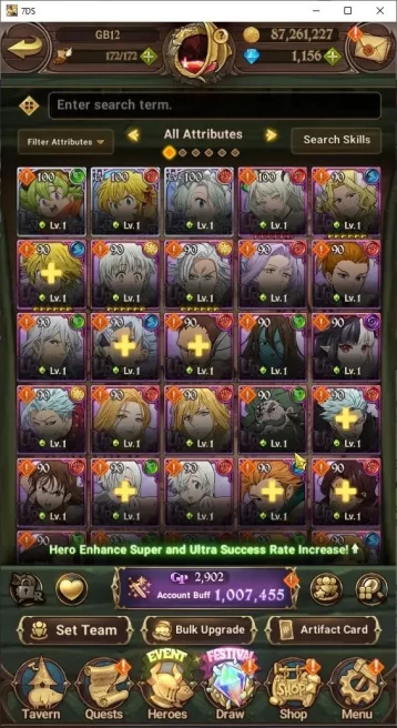 Global|1M Power|1150+ Diamonds|3LR+5UR(Gawain,Lancelot,Thor,Sabunak,DK Meliodas)|Story CH6|CodeOnly(SDS846Z)