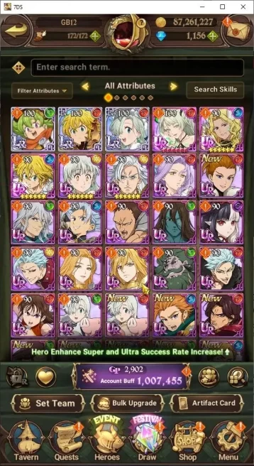 Global|1M Power|1150+ Diamonds|3LR+5UR(Gawain,Lancelot,Thor,Sabunak,DK Meliodas)|Story CH6|CodeOnly(SDS846Z)