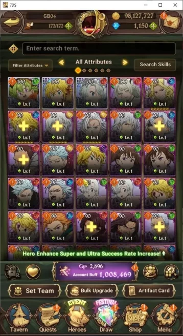 Global|1M Power|1150 Diamonds|3LR+6UR(Gawain,EliMeli,Lancelot,Thor,Sabunak)|Story CH6|CodeOnly(SDS844Z)