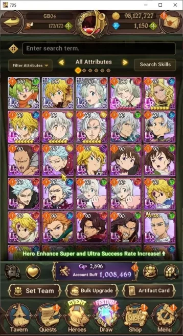 Global|1M Power|1150 Diamonds|3LR+6UR(Gawain,EliMeli,Lancelot,Thor,Sabunak)|Story CH6|CodeOnly(SDS844Z)
