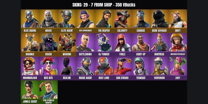 [PC/XBOX] 29 skins ✨ The Reaper ✅ Take The L ⚡ Blue Squire ⭐ Elite Agent ✨ Havoc ✅ Sub Commander ⚡ Rogue Agent ⭐ Carbide ✨ Dark Voyager ✅ Wukong