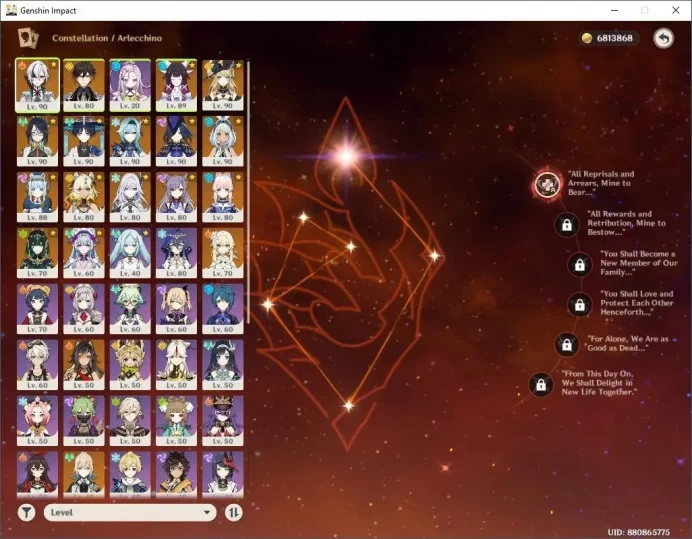 ASIA|AR 59|14 Limit PremTeam Arlecchino+C1+Sign,SemiPrem Skirk,PremTeam Columbina,SemiPrem Wanderer|MC Lumine|TakeMail(GI1554Z)