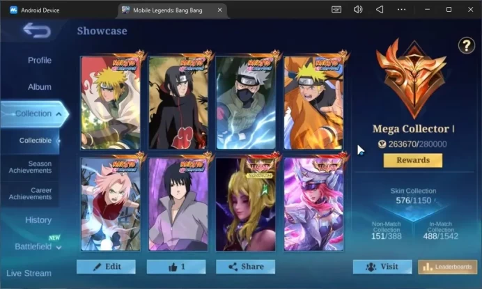 Hero 133|Skin 576|4 Legend(Fanny,Franco,Freya,Lunox),Full Naruto,3 KOF,2 JJK,2 Prime,Exorcist(Hayabusa),Etc|Moonton|MLBB2561