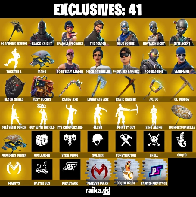 86 SKINS | OG RAIDERS RAIDER'S REVENGE BLACK AND GOLD | BLACK KNIGHT | UNCHAINED RAMIREZ | LEVIATHAN AXE | FLOSS | BLUE SQUIRE | ROYALE KNIGHT