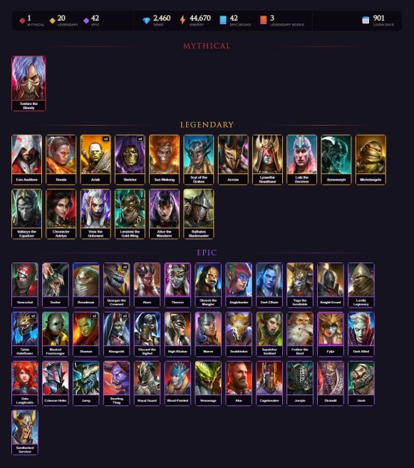 [STARTER]Toshiro+Acrizia+Ezio+Ronda+Artak+Skeletor+Wukong+Scyl+Dorothy Gale+Lysanthir Beastbane+Loki+Xenomorph+Artak+42Epics