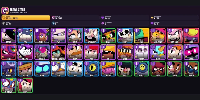 【Android/iOS】 38 BRAWLERS ⭐ 3 MAXED ✨ 1 LEGENDARY ✅ 30231 TROPHIES ⚡ LEON ⭐ DARRYL ✨ JESSIE ✅ SHELLY ⚡ POCO ⭐ MEEPLE ✨ ANGELO ✅ LARRY & LAWRIE