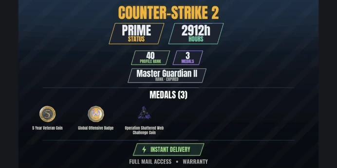 【12 Games】【CS2 Prime Premier✨2912h✅3 MEDALS⚡40 LVL】 Operation Shattered Web Challenge Coin, 5 Year Veteran Coin, Global Offensive Badge