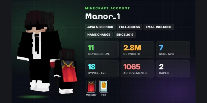 ✨ SkyBlock Lvl 11 ✅ 2.8M Networth ⚡ 2 Capes: Migrator, Pan ✅ Java & Bedrock & Full Access