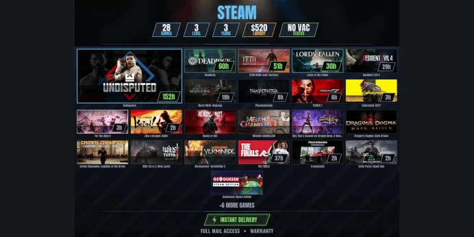【28 Games✨$516】 Cyberpunk 2077, Black Myth: Wukong, Phasmophobia, Undisputed, Deadlock, STAR WARS Jedi: Survivor, Lords of the Fallen