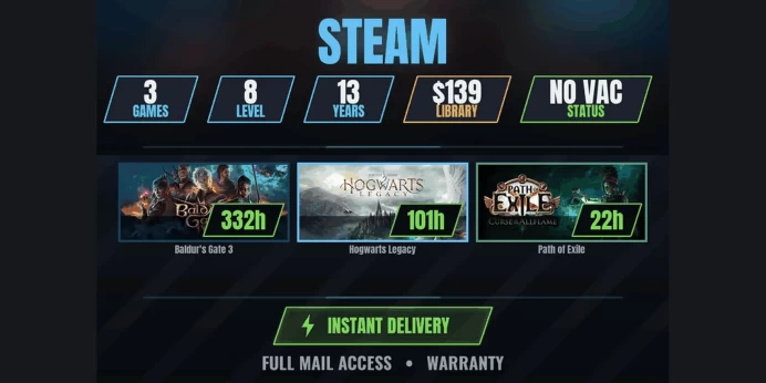 【3 Games✅$138】 Baldur's Gate 3, Hogwarts Legacy, Path of Exile