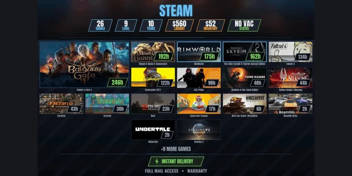 【26 Games✅$564】【CS2 PRIME ⚡ RUST】 Cyberpunk 2077, Baldur's Gate 3, Mount & Blade II: Bannerlord, BeamNG.drive, Fallout 4, RimWorld