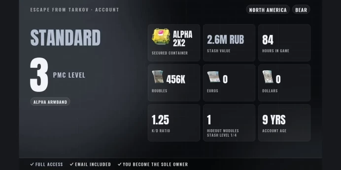 Standard | NA ✅ Alpha Armband ⚡ LVL 3 ⭐ Alpha 2x2 ✨ 84h ✅ Stash 2.6M RUB ⚡ 456K RUB ⭐ Full Access