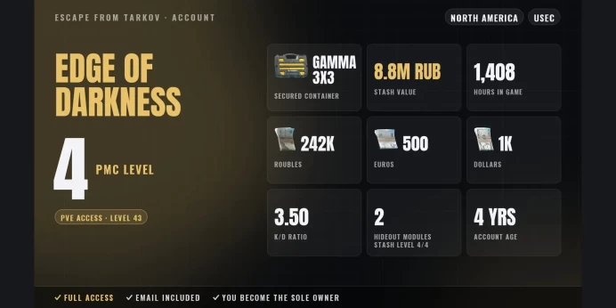 EOD | NA ✨ LVL 4 ✅ Gamma 3x3 ⚡ PvE LVL 43 ⭐ 1408h ✨ Stash 8.8M RUB ✅ 242K RUB + 500 EUR + 1K USD ⚡ Full Access
