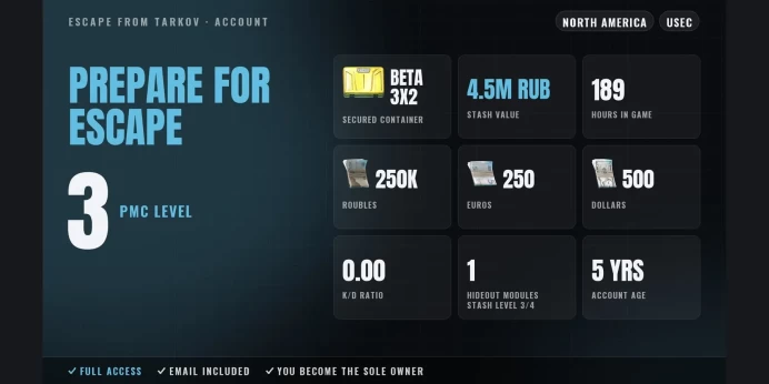 Prepare for Escape | NA ⭐ LVL 3 ✨ Beta 3x2 ✅ 189h ⚡ Stash 4.5M RUB ⭐ 250K RUB + 250 EUR + 500 USD ✨ Full Access