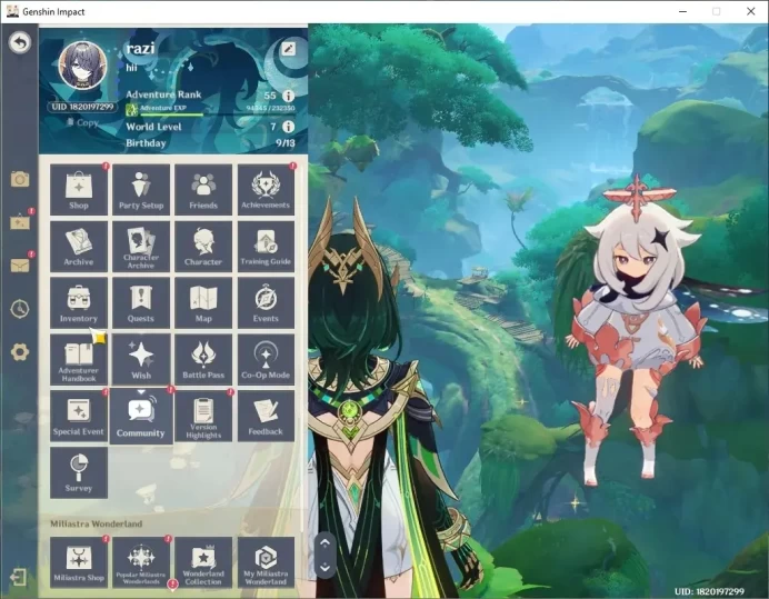 ASIA|AR 55|Nefer Prem Team|4 Limited + 1 (*5 Weapon)|Lauma + Signature,Columbina,Lohen|Male MC|Take Mail|Check SS|GI8176