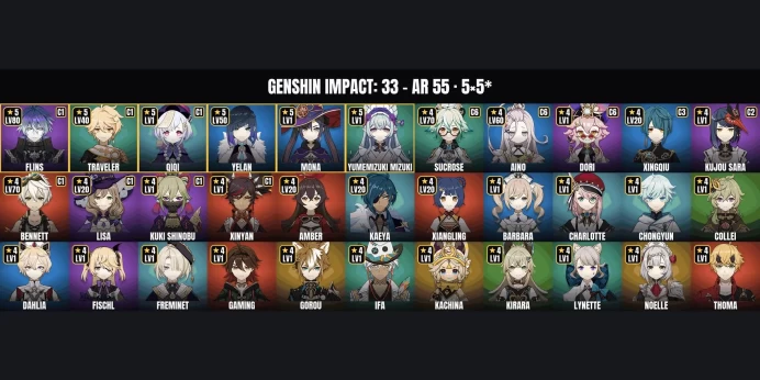 [ALL DEVICES] [America] AR 55 ✨ 33 Characters ⭐ 5 5-Star ✨ Flins ✅ Yelan ⚡ Qiqi ⭐ Mona ✨ Yumemizuki Mizuki ✅ Sucrose ⚡ Bennett ⭐ Aino ✨ Xingqiu