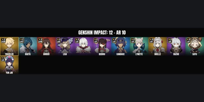 [ALL DEVICES] [Asia] AR 10 ✅ 12 Characters ⚡ Kaeya ⭐ Amber ✨ Lisa ✅ Alyosha ⚡ Lynette ⭐ Candace ✨ Yun Jin ✅ Sayu ⚡ Noelle ⭐ Beidou ✨ Razor