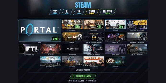 【22 Games⭐$203】 HELLDIVERS 2, Phasmophobia, Borderlands 2, Portal, Path of Exile 2, Half-Life 2, Borderlands: The Pre-Sequel, Left 4 Dead 2