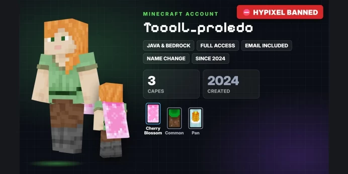 ⭐ 3 Capes: Cherry Blossom, Common, Pan ✅ Java & Bedrock & Full Access ⛔ Hypixel Banned