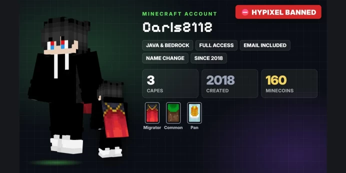 ✨ 3 Capes: Migrator, Common, Pan ✅ Java & Bedrock & Full Access ⛔ Hypixel Banned