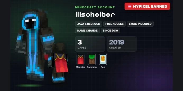 ✅ 3 Capes: Migrator, Common, Pan ✅ Java & Bedrock & Full Access ⛔ Hypixel Banned