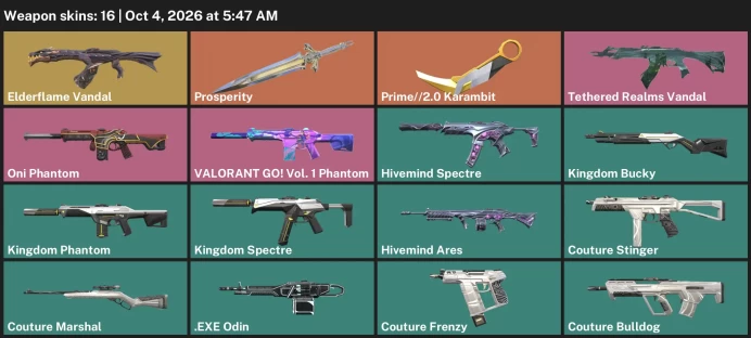 【EU】 16 Skins | Elderflame Vandal + Prosperity + Prime//2.0 Karambit + Tethered Realms Vandal | Rank: Ranked Ready | FULL ACCESS