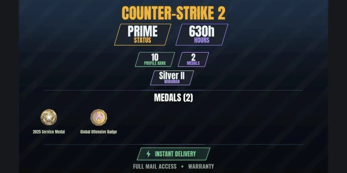 【11 Games】【CS2 Prime Premier⚡630h⭐2 MEDALS✨10 LVL】 2025 Service Medal, Global Offensive Badge | The Forest, Mafia, Assetto Corsa