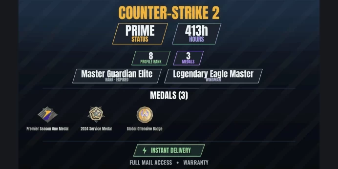 【1 Game】【CS2 Prime Premier⭐413h✨3 MEDALS✅8 LVL】 2024 Service Medal, Premier Season One Medal, Global Offensive Badge