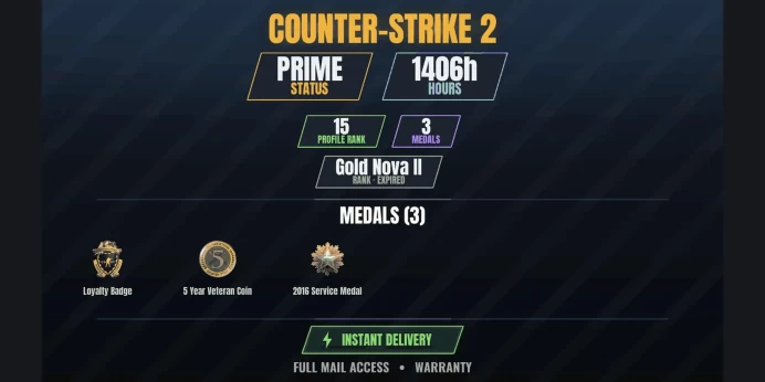 【5 Games】【CS2 Prime Premier✅1406h⚡3 MEDALS✨15 LVL】 2016 Service Medal, Loyalty Badge, 5 Year Veteran Coin | Just Cause 3, EVE Online