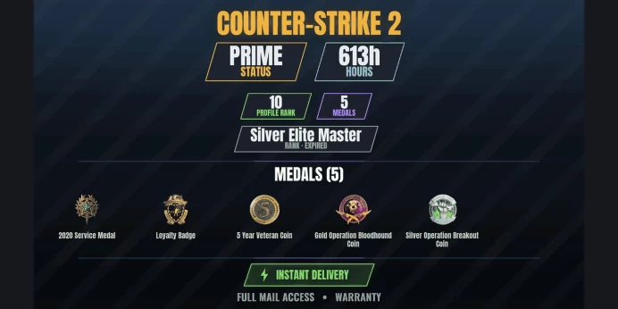 【243 Games】【CS2 Prime Premier✨613h✨5 MEDALS✅10 LVL】 Gold Operation Bloodhound Coin, Silver Operation Breakout Coin, 2020 Service Medal