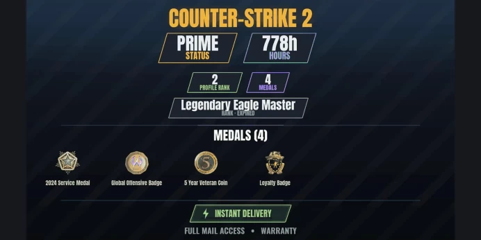 【3 Games】【CS2 Prime Premier✨778h✅4 MEDALS⚡2 LVL】 2024 Service Medal, Loyalty Badge, 5 Year Veteran Coin, Global Offensive Badge