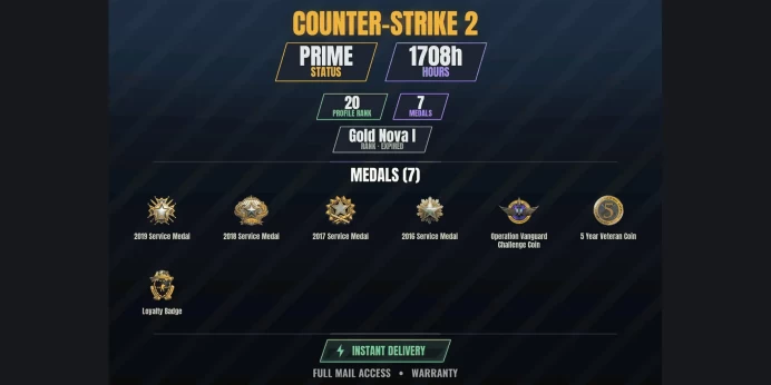 【20 Games】【CS2 Prime Premier✨1708h✨7 MEDALS✅20 LVL】 2016 Service Medal, 2017 Service Medal, 2018 Service Medal, 2019 Service Medal | PAYDAY 2