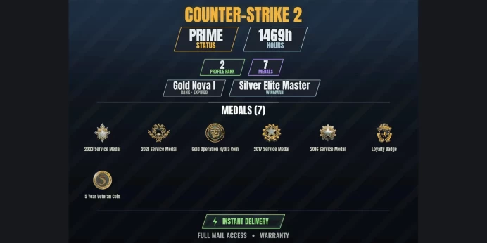 【5 Games】【CS2 Prime Premier⭐1469h✨7 MEDALS✅2 LVL】 Gold Operation Hydra Coin, 2016 Service Medal, 2017 Service Medal, 2021 Service Medal