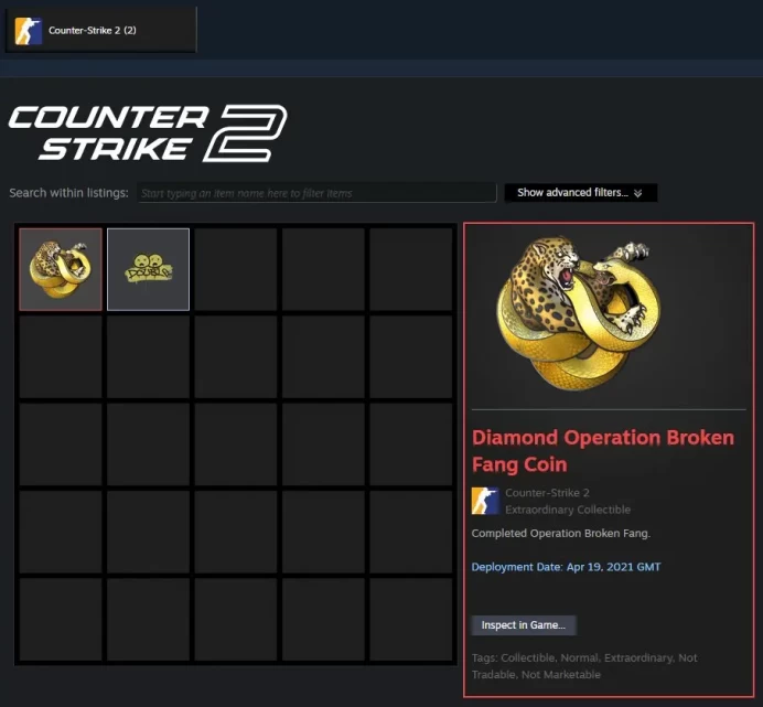 CS1616 // NO Prime! Almost 3 Medals Diamond Broken Fang 5-Year Coin, GO, Almost Premier Ready