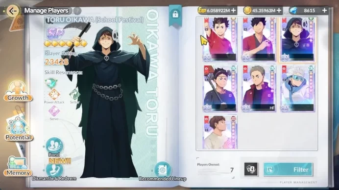 SEA|Lv 58|8k DM,104 Memo Ticket|7 SP (HoshiumiR2+M2,KurooR2,Nishinoya,Oikawa,Iwaizumi,Hirugami)+Memo|UR Kageyama+M5|HFH1105