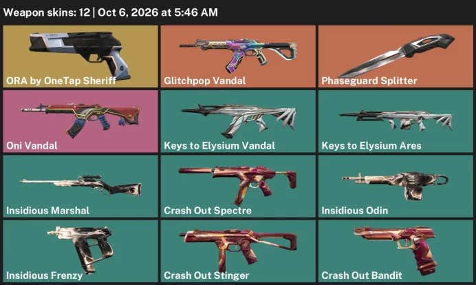 【EU】 12 Skins | ORA by OneTap Sheriff + Glitchpop Vandal + Phaseguard Splitter + Oni Vandal | Rank: Ranked Ready | FULL ACCESS
