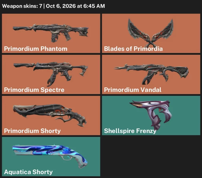 【NA】 7 Skins | Primordium Vandal + Primordium Phantom + Blades of Primordia + Primordium Spectre | Rank: Unrated | FULL ACCESS