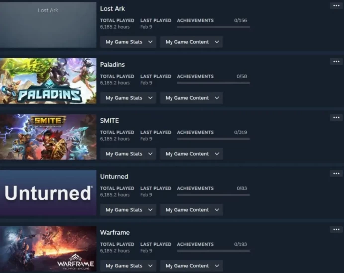 Steam | 11 Games with 6000+ Hours | 10 Paid Games | Native Email
